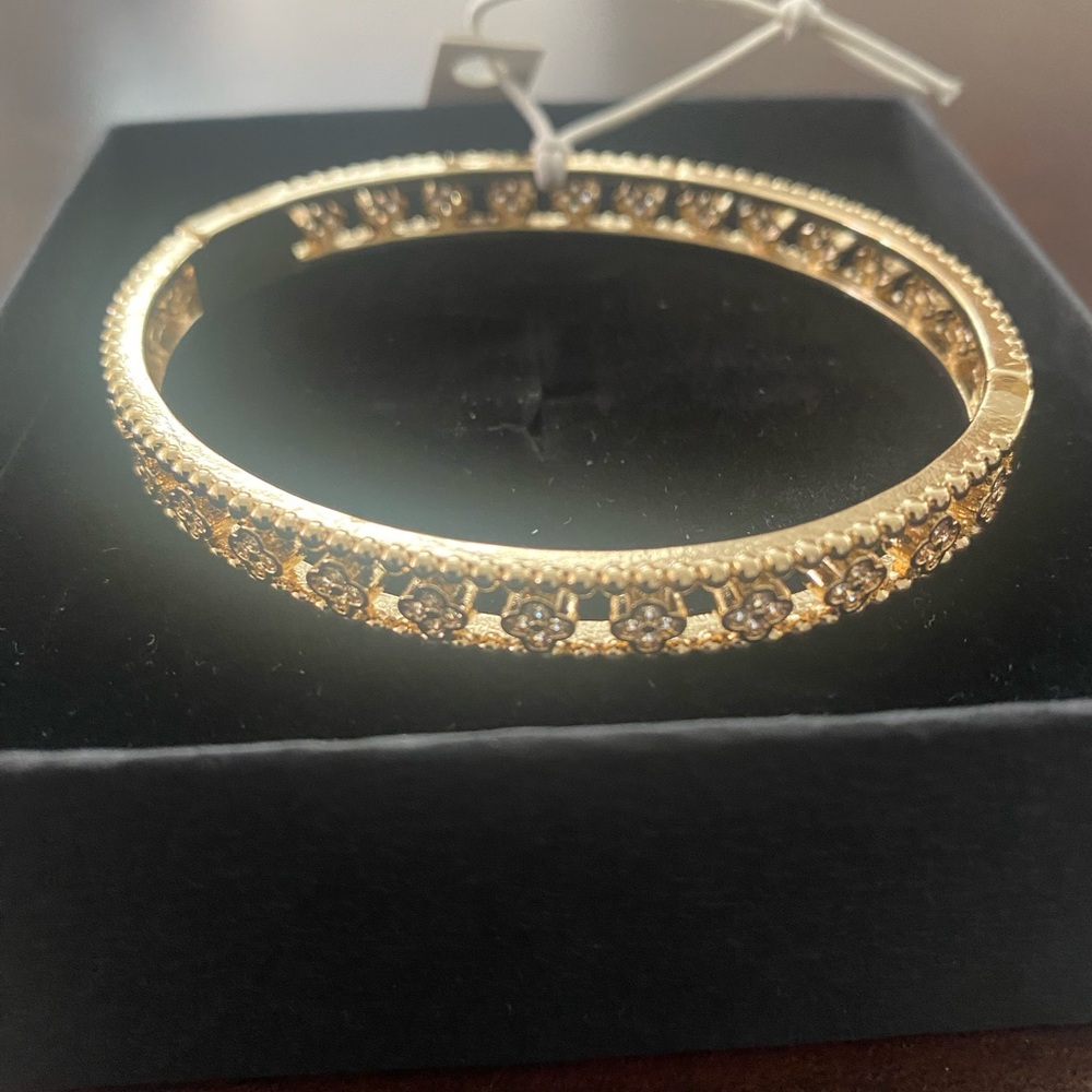 Gold Floral Bangle Bracelet with Cubic Zirconia
